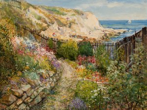 Een tuin in Cullercoats met uitzicht op de zee door John Falconar Slater