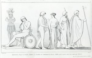 Agamemnon gaf de herauten Taltibius en Euribat de opdracht Briseis te ontvoeren; Achilles liet het door Patrocles aan hen overhandigen. Tekening door John Flaxman. Homeros