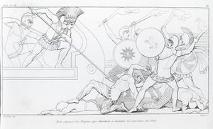 Ajax stoot de Trojanen af die proberen de Griekse schepen te verbranden. Tekening door John Flaxman (1755 - 1826). Homer