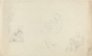 Vier studies van een zittende vrouw met kinderen aan haar voeten (schetsen voor het monument voor Lady FitzHarris?) door John Flaxman