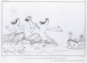 Zeemeerminnen proberen met hun gezang Odysseus aan te trekken. Tekening door John Flaxman (1755 - 1826). Homeros