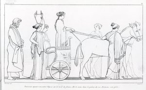 Nausicaa, die net Ulysses heeft ontmoet, brengt hem terug naar het paleis van haar vader, Koning Alkinoos. Tekening door John Flaxman (1755 - 1826). Homer