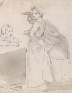 Twee vrouwen praten met een man aan een toonbank door John Flaxman
