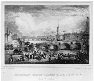 Broomielaw Bridge, Carlton Place, Clyde St., Glasgow, gegraveerd door Joseph Swan, 1830 door John Fleming