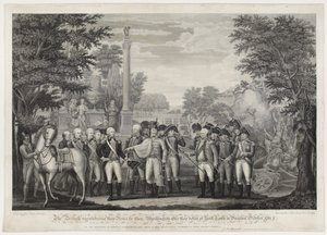 De Britten geven hun wapens over aan generaal Washington na hun nederlaag bij York Town in Virginia oktober 1781 door John Francis (after) Renault