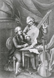 Portret van Franz Joseph Haydn en Wolfgang Amadeus Mozart die muziek componeren voor de luit, gegraveerd door Michele Benedetti