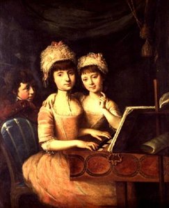 Portret van de kinderen van de gouverneur van Honduras, twee meisjes en een jongen bij een spinet