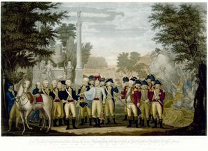 De Britten geven hun wapens over aan generaal Washington na hun nederlaag bij York Town in Virginia, oktober 1781 door John Francis Renault
