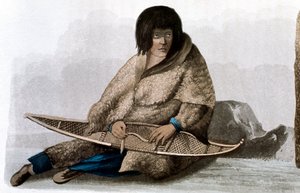 Koperen Indiaans meisje repareert sneeuwschoen, 1823