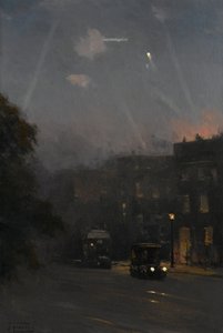 Een Zeppelin-aanval, 8 oktober 1915, c.1915-18 door John Fraser