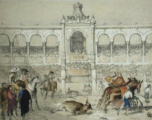 Stierengevecht in Sevilla: Het verwijderen van de dode stier uit de arena, uit 