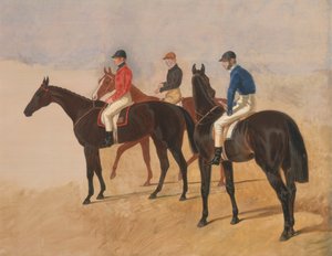 Steeplechase cracks: Allen McDonough op Brunette, Tom Oliver op Discount, en Jem Mason op Lottery door John Frederick Herring