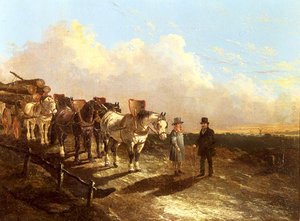 Een houtwagen gestopt op een weg bij schemering