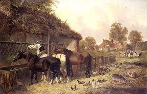 Drie Paarden bij een Kribbe