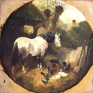 Een boerenpaard eet hooi van een kruiwagen op een boerenerf door John Frederick Herring Senior