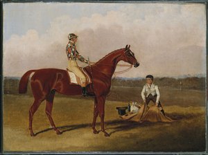 Barefoot, het renpaard, met een jockey en een stalknecht, 1835 door John Frederick Herring Senior