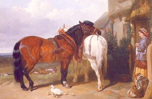 Paarden bij een Cottage Deur