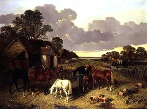 Paarden, varkens, pluimvee, eenden en vee in een boerenerf door John Frederick Herring Senior