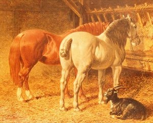 Paarden en een geit in een stal door John Frederick Herring Senior