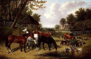Paarden bij een boerenerf vijver