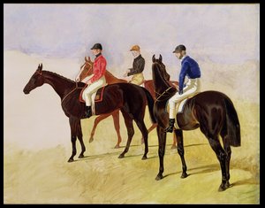 Studie van drie steeplechase cracks: Allen McDonough op Brunette, Tom Oliver op Discount en Jem Mason op Lottery, of drie renpaarden met jockeys