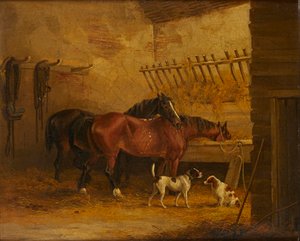 Paarden en Honden in een Stalinterieur door John Frederick Jr. (attr.to) Herring