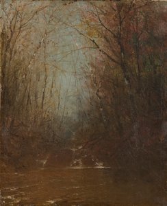 Bosinterieur met stroom door John Frederick Kensett