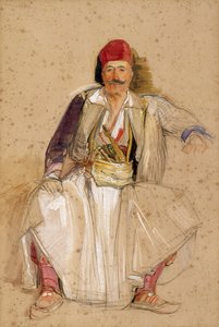 Een Corfiotische Krijger, Zittend (aquarel over potlood op off-white papier) door John Frederick Lewis