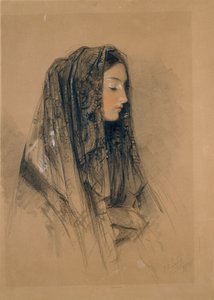 Hoofd van een Italiaans Meisje in een Mantilla, 1838 door John Frederick Lewis
