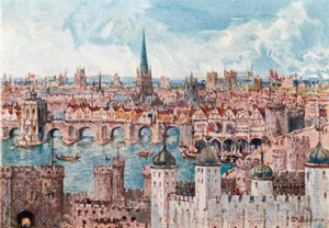 Oude brug van Londen in 1386 (kleurenlitho)