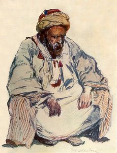 Zittende figuur van Syrische herder in schapenvachtjas, 1902