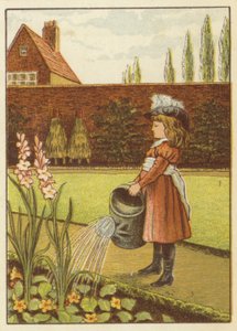 Meisje dat de tuin water geeft door John George (after) Sowerby