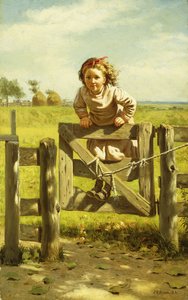 Jong meisje schommelend op een hek door John George Brown