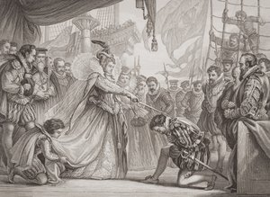 Koningin Elizabeth I (1530-1603) die Francis Drake (1540-96) tot ridder slaat, uit 