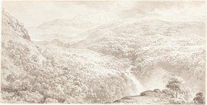 Een bergvallei met een waterval door John Glover
