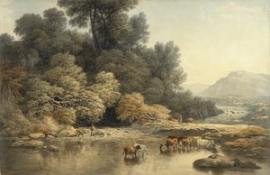 Heuvelachtig landschap met rivier en vee, c.1810