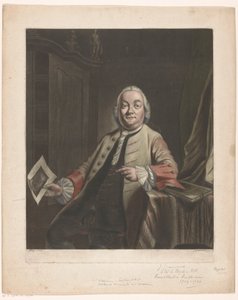 Portret van Simon Fokke met in zijn hand de prent van de plundering van het huis van Gerrit Hagedooren, 1751
