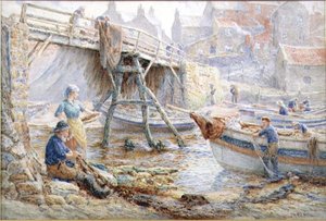 Netten repareren, Staithes door John H. Parkyn