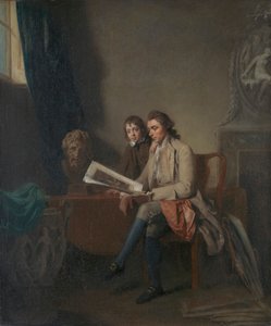 Portret van een man en een jongen die naar prenten kijken door John Hamilton Mortimer