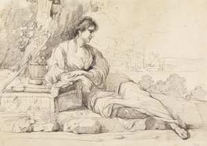 Liggende vrouwelijke figuur in een Italiaans landschap door John Hamilton Mortimer