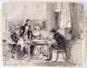 Familiegroep aan het Naaien en Lezen door John Harden