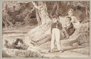 Vier figuren tussen de bomen op een hete dag, 1807 door John Harden