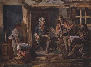 Groep inclusief een soldaat buiten een huisdeur