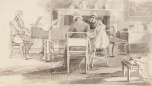 Man aan de piano met drie anderen zittend door John Harden