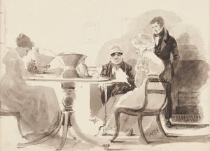 Man staand aan een tafel met drie zittende vrouwen door John Harden
