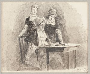 Drie aan een tafel, één zittend, 1807 door John Harden