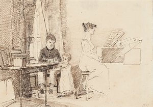 Twee kinderen en een vrouw aan de piano, 1807 door John Harden