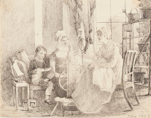Vrouwen aan het spinnenwiel en een jongen met een speelgoedboot, 1807 door John Harden