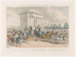 Gezicht op een straat en Wellington Arch op Hyde Park Corner door John Harris