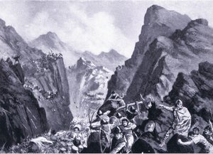 Vernietiging van het Griekse leger, illustratie uit Hutchinsons History of the Nations VOL 4 c.1920s door John Harris Valda